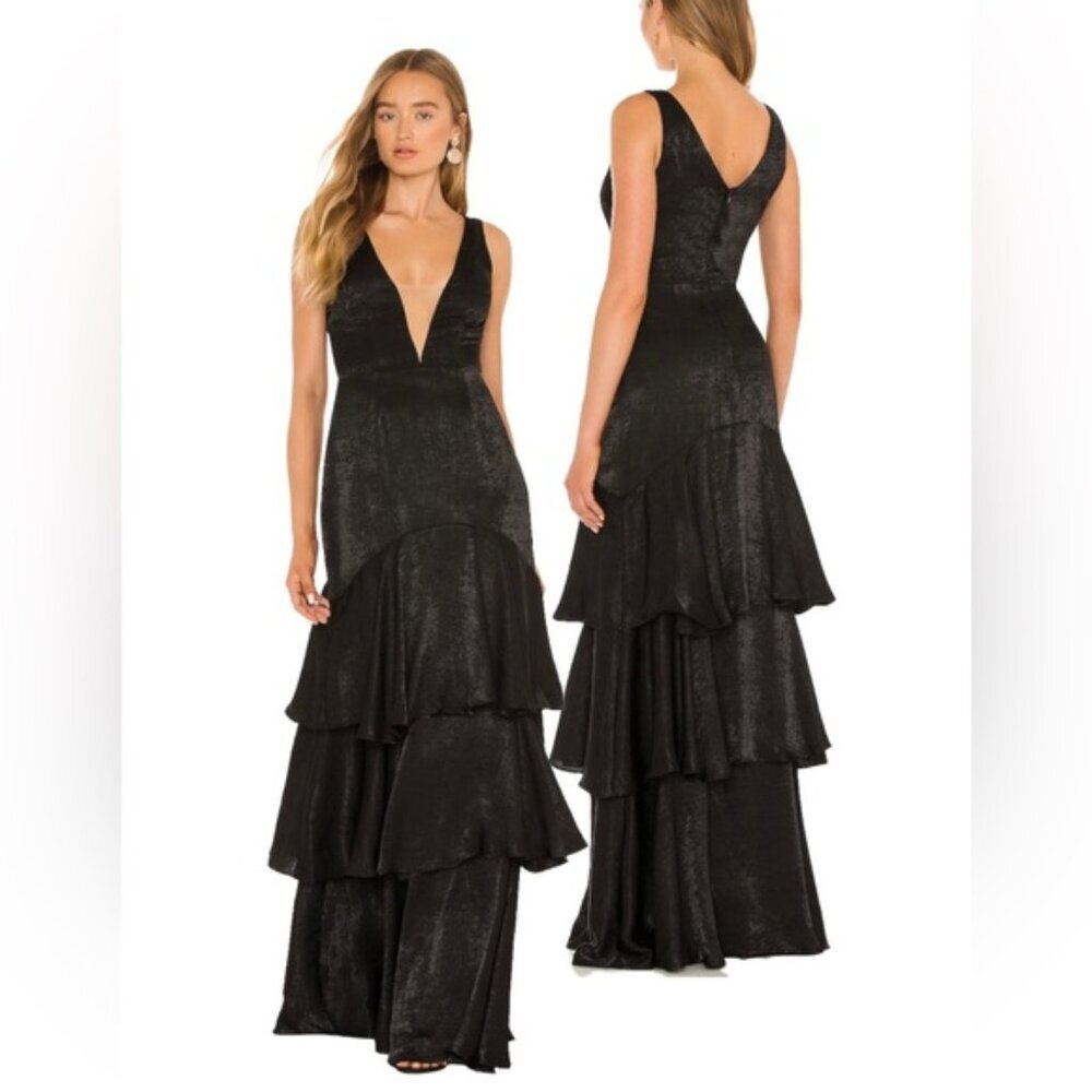 Katie May Black Satin Old Money Plunge Neck Ruffle Gown